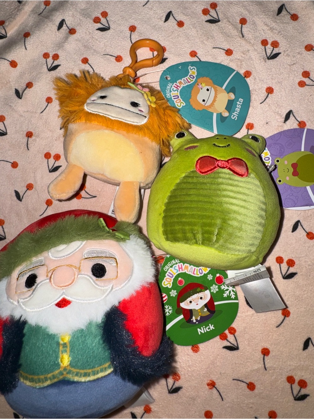 Squishmallows Green Frog, Orange Shasta & Red/Green Holiday Nick Plush Trio